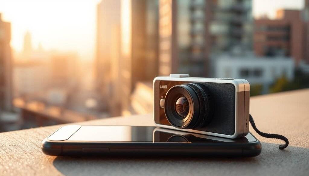 A budget phone camera, resting on a plain surface, capturing a vibrant cityscape through its compact lens. The scene is bathed in warm, natural lighting, casting a soft, inviting glow. The camera's simple, minimalist design stands out against the urban backdrop, hinting at its affordable price point. In the foreground, the camera's lens is in focus, revealing its technical capabilities, while the distant skyline remains slightly blurred, emphasizing the device's limited depth of field. This "articles Stock" image showcases the camera's potential to capture everyday moments on a budget.