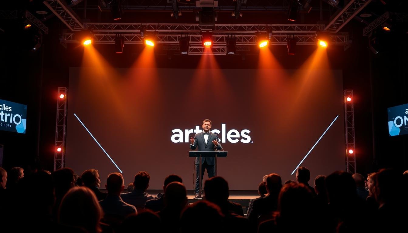 A captivating technology keynote stage with a dynamic and engaging speaker standing at the podium, surrounded by a futuristic and immersive lighting setup. The speaker is dressed in a sharp, tailored suit, gesturing passionately as they deliver their presentation. The audience is seated in the foreground, their faces illuminated by the stage lights, transfixed by the speaker's words. In the background, a sleek, minimalist backdrop features the "articles Stock" brand logo, creating a professional and visually striking atmosphere. The scene is captured with a wide-angle lens, showcasing the scale and grandeur of the event.