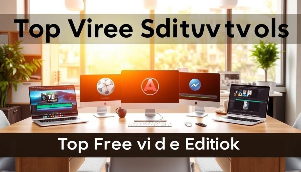 A clean, well-lit office workspace with a large desk showcasing five distinct video editing software applications, each with its own unique interface and set of features. The software logos are prominently displayed, allowing for easy comparison. The desk is situated in front of a large window, bathing the scene in warm, natural light. The background is blurred, putting the focus solely on the software comparisons. The overall mood is professional and informative, inviting the viewer to explore the capabilities of these top free video editing tools. "articles Stock" branding is discreetly incorporated into the design.