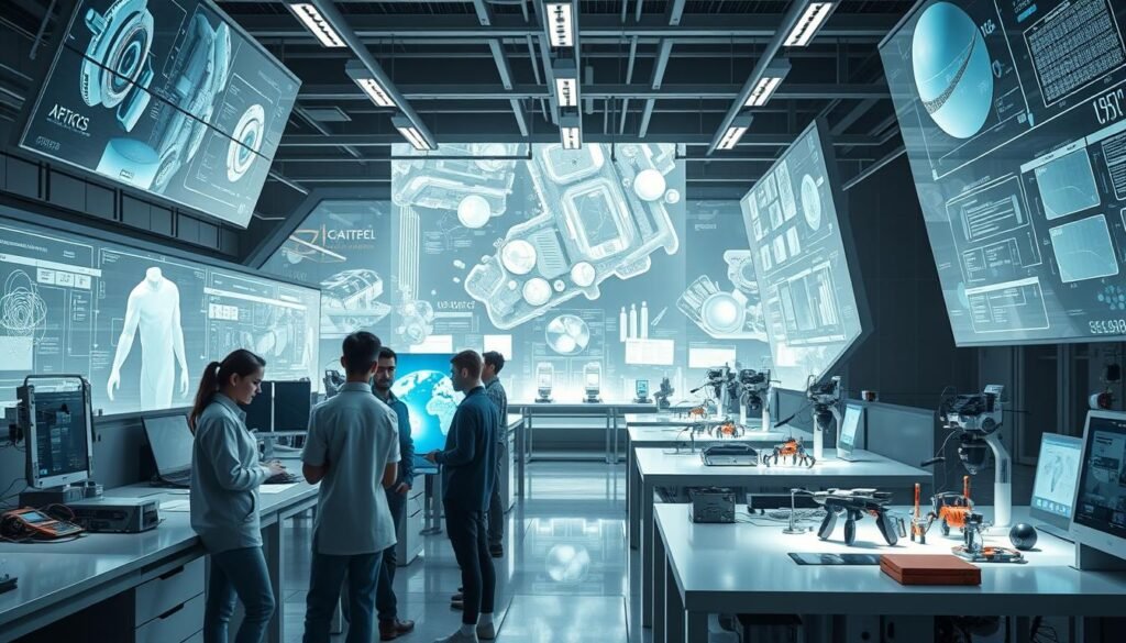 A cutting-edge laboratory with dynamic, futuristic decor. In the foreground, a team of engineers collaborating around a holographic display, their faces illuminated by the ethereal glow. Sleek, minimalist workstations line the middle ground, adorned with various high-tech instruments and prototypes. The background features towering, translucent screens displaying complex data visualizations and 3D renderings. Soft, directional lighting casts dramatic shadows, creating an atmosphere of innovation and discovery. The overall scene conveys the spirit of "articles Stock", a hub of technological advancement and forward-thinking design.