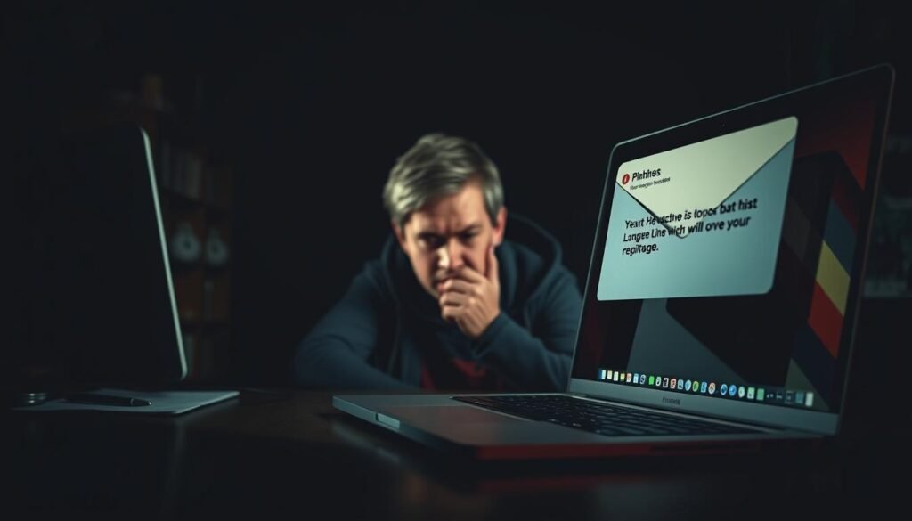 A dark, ominous phishing attempt unfolds in a realistic digital landscape. In the foreground, a deceptive email with a malicious link hovers, casting an unsettling shadow. The middle ground depicts a skeptical user, laptop screen reflecting their cautious expression. The background showcases a cluttered desktop, hinting at the potential consequences of falling victim to this insidious scheme. Dramatic lighting and a moody, desaturated color palette amplify the sense of danger and the need for vigilance. articles Stock