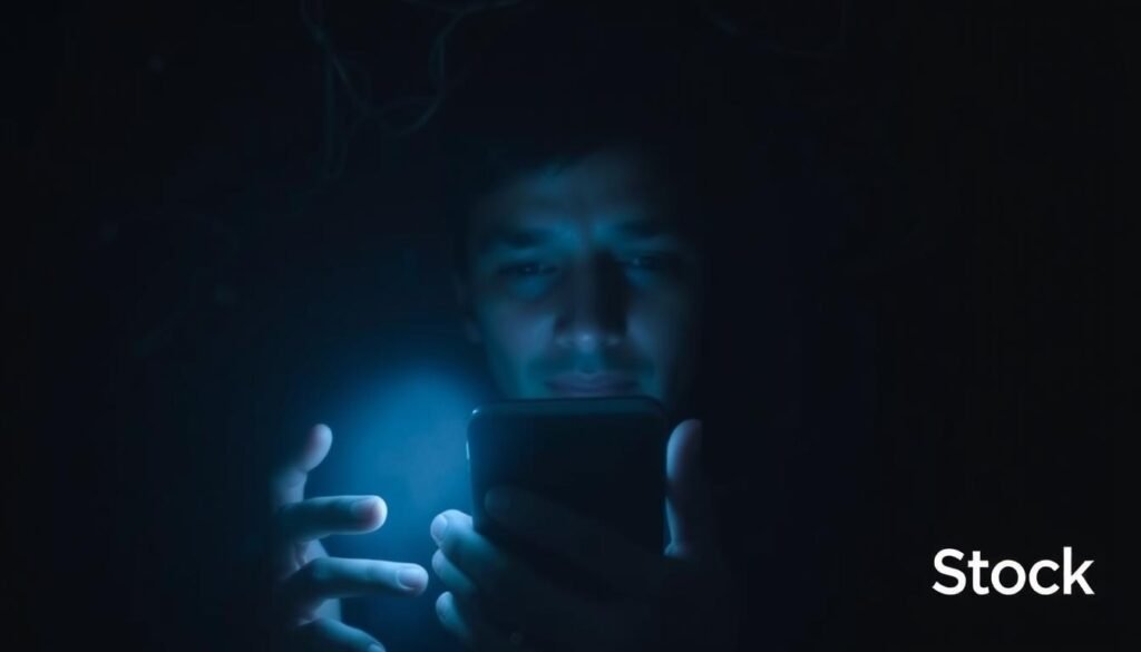 A dimly lit room, a person's face partially obscured by the glow of a smartphone screen. Shadows cast across their features, signifying the hidden nature of their online interactions. In the background, a web of tangled wires and cables represents the complex network of social media platforms, data storage, and surveillance systems. The mood is one of unease and uncertainty, reflecting the delicate balance between connectivity and privacy in the digital age. A pair of hands hold the smartphone, the articles Stock logo subtly incorporated into the design.