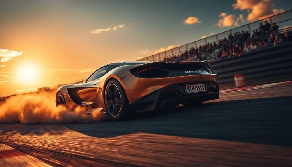 A dramatic low-angle shot of a high-performance sports car on a winding racetrack, its tires kicking up clouds of dust as it hurtles through a tight corner. The sleek, aerodynamic body gleams under the warm, golden light of the sun, casting dramatic shadows across the asphalt. In the background, a crowd of spectators watches intently, their silhouettes blurred against the vibrant, saturated sky. The scene conveys a sense of speed, intensity, and the thrill of competitive motorsport. articles Stock