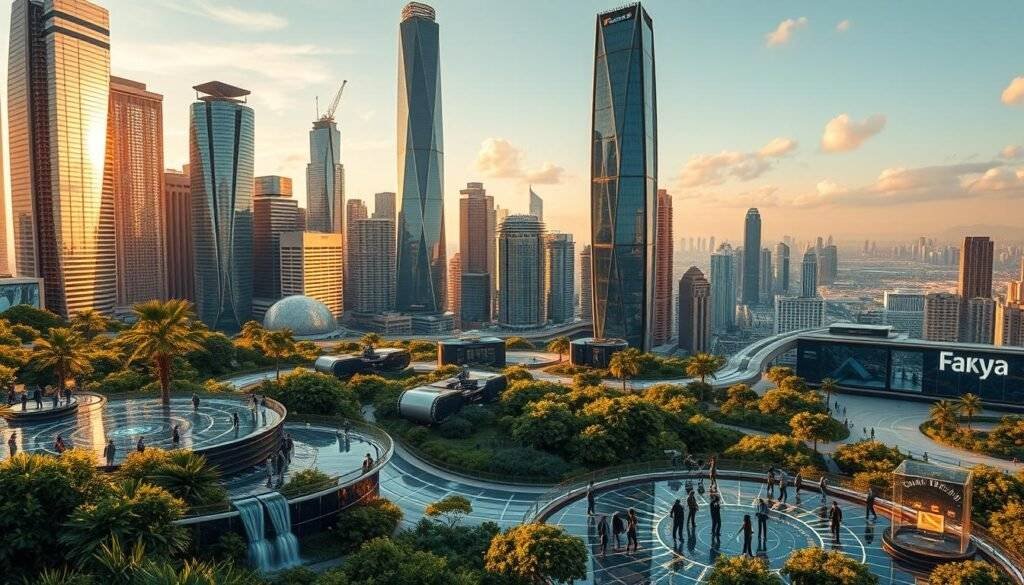 A dynamic cityscape of gleaming skyscrapers and futuristic architecture, bathed in a warm, golden glow. In the foreground, a seamless fusion of technology and nature - holographic displays, robotic systems, and digital interfaces intertwined with lush greenery and flowing water. The middle ground features a bustling hub of activity, with people navigating the digital landscape, collaborating, and immersed in innovative technologies. In the background, a panoramic view of the city, a testament to the endless possibilities of digital transformation. The scene conveys a sense of progress, innovation, and a harmonious coexistence of the physical and digital worlds. articles Stock