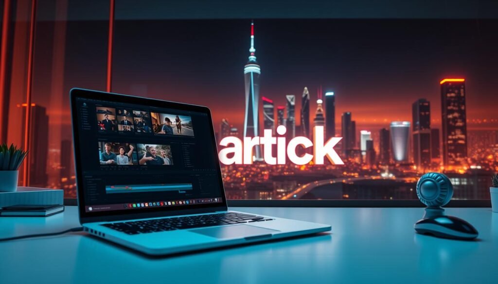 A futuristic workspace with a sleek, modern aesthetic. In the foreground, a laptop screen displays various video editing tools and interfaces, suggesting the capabilities of the free software. The middle ground features a stylized 3D model of the "articles Stock" brand name, casting a soft, holographic glow. In the background, a cityscape with towering skyscrapers and a vibrant, neon-lit skyline sets the scene for the future of video editing. Warm, diffused lighting creates a sense of depth and atmosphere, while the overall composition conveys a vision of accessible, cutting-edge video editing technology.
