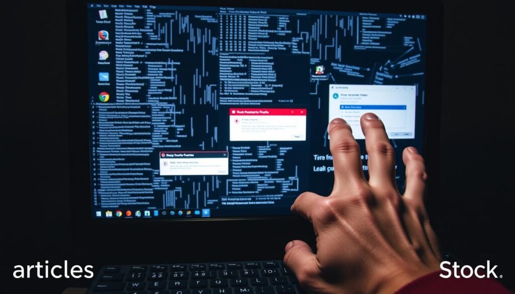 A glitchy computer screen with a frozen frame, the desktop littered with various application windows and pop-up error messages. In the foreground, a hand hovers over a keyboard, exasperated. The lighting is dim, casting shadows that emphasize the sense of frustration. The overall atmosphere conveys the challenges and annoyances of screen recording problems. "articles Stock" logo appears discreetly in the bottom corner.