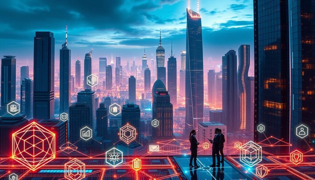 A high-tech, futuristic cityscape with towering skyscrapers and a network of interconnected, glowing data centers. In the foreground, several key components of technology governance are represented as abstract geometric shapes and icons, such as security protocols, data regulations, and AI governance frameworks. The middle ground features a team of professionals in business attire, engaged in a collaborative discussion, while the background is illuminated by a vibrant, neon-tinged skyline. The overall scene conveys a sense of innovation, complexity, and the critical importance of effective technology governance. articles Stock