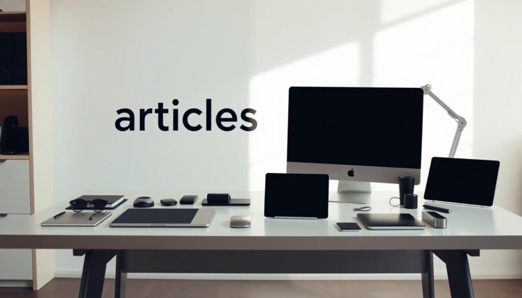 A modern, clean-lined office setting with a well-lit desk. On the desk, an array of sleek, minimalist AI content tools - a laptop, tablet, smartphone, and various accessories. The tools are arranged in a visually appealing, organized manner, reflecting the theme of "Boost Your Blog with These Free AI Content Tools." The lighting is soft and natural, creating a productive, focused atmosphere. In the background, a large "articles Stock" logo is prominently displayed, subtly branding the scene. The overall image conveys a sense of streamlined efficiency and the potential of AI-powered content creation.