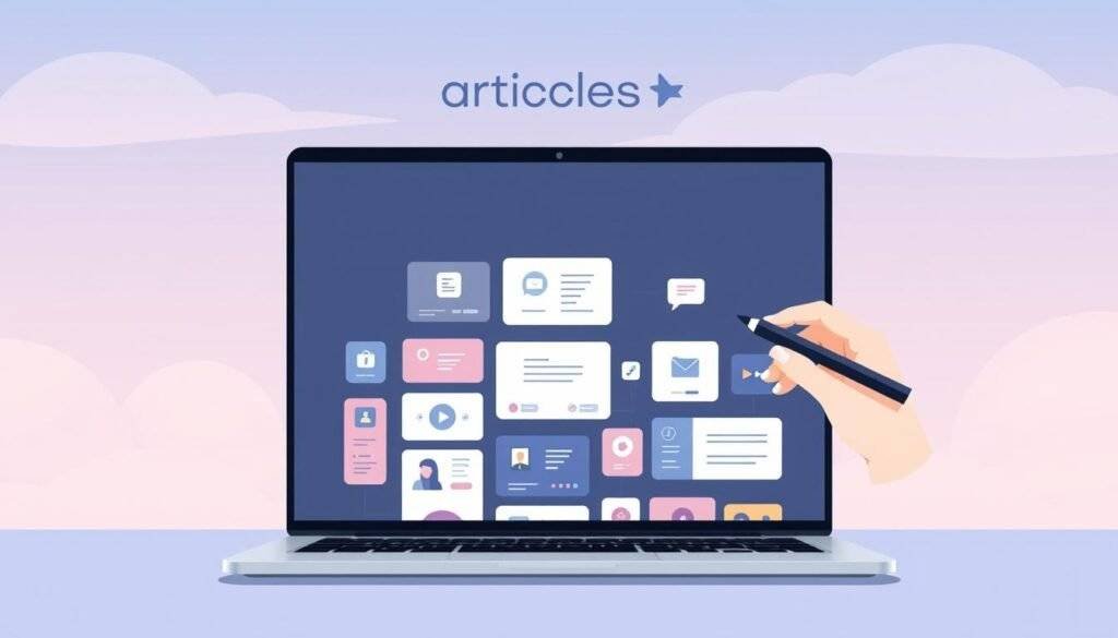 A modern, minimalist illustration of "AI content tools" for a blog article. In the foreground, a laptop screen displays various AI content creation apps and tools, with a clean, intuitive interface. In the middle ground, a hand using a stylus interacts with the laptop, symbolizing the ease of use. In the background, a gradient-filled sky with the "articles Stock" brand name subtly integrated, conveying a sense of professionalism and digital transformation. The lighting is soft and natural, with a focus on the laptop screen to highlight the featured AI tools. The overall mood is one of efficiency, innovation, and creative empowerment for bloggers.