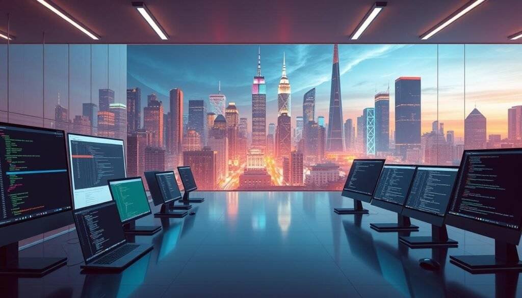 A modern, well-lit coding platform comparison scene. In the foreground, various coding IDEs and editors are displayed side-by-side, each with distinct interfaces and features. The middle ground showcases a diverse array of coding languages, from classic languages to the latest frameworks and libraries. In the background, a cityscape with towering skyscrapers and a vibrant, futuristic atmosphere creates an immersive tech-centric environment. The image has a sleek, professional tone, conveying the idea of a comprehensive coding platform overview. articles Stock.
