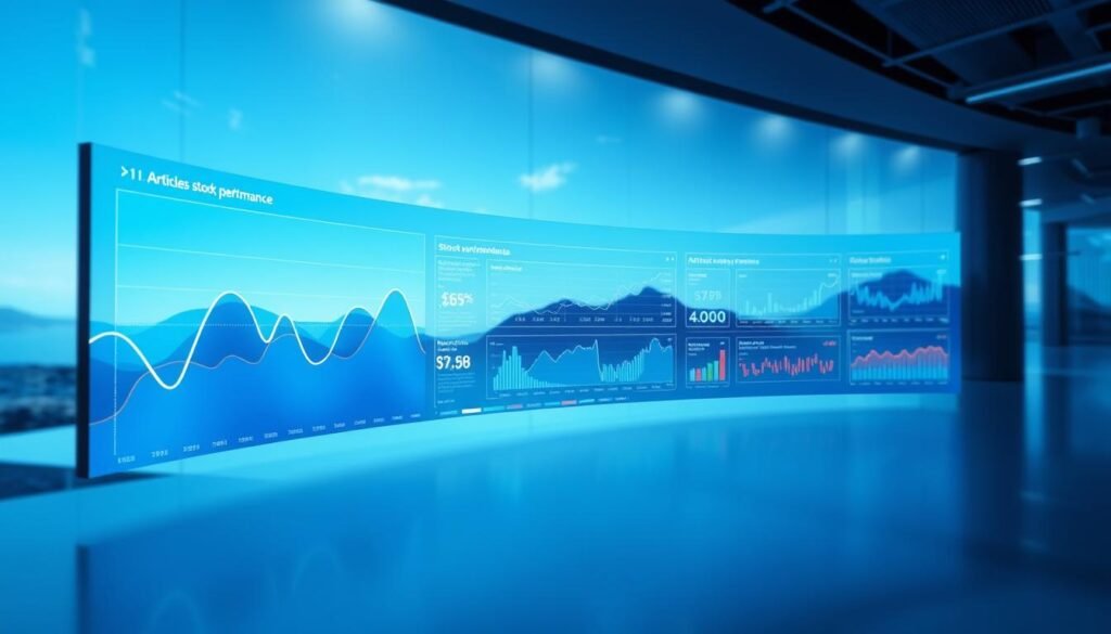 A panoramic digital display showcases a vibrant array of articles Stock performance data, rendered in a sleek, minimalist interface. The foreground features a captivating line graph, its curves tracing the dynamic trajectory of technology stock valuations. The middle ground presents a series of interactive charts and visualizations, offering in-depth analysis of sector-specific trends. The background subtly fades into a serene, futuristic landscape, conveying a sense of technological progress and innovation. Soft, directional lighting accentuates the modern aesthetic, while a shallow depth of field focuses the viewer's attention on the essential data. The overall atmosphere is one of data-driven insights, empowering investors to make informed decisions about technology stocks.