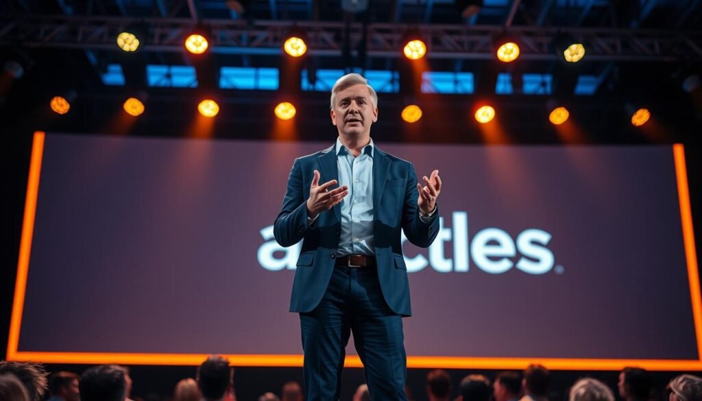 A professional technology keynote speaker stands confidently on a stage, illuminated by warm, theatrical lighting. The speaker gestures with an animated, engaging presence, captivating the audience with their expertise and passion. In the background, a sleek, modern backdrop featuring the "articles Stock" brand logo sets the scene for a high-quality, tech-focused event. The camera angle is slightly elevated, creating a sense of authority and command of the stage. The overall mood is one of inspiration, professionalism, and the transformative power of technology.