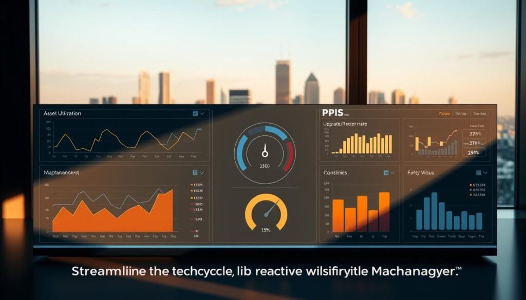 A sleek, modern dashboard displaying a variety of KPIs relevant to technology lifecycle management. In the foreground, a series of line graphs and pie charts visualize metrics such as asset utilization, upgrade/replacement rates, and maintenance costs. The middle ground features a central gauge showing an overall performance score. In the background, a city skyline is visible through a large window, bathed in warm, directional lighting that casts subtle shadows across the dashboard. The entire scene has a professional, data-driven atmosphere, reflecting the "Streamline Your Tech Lifecycle with Effective Management" theme. articles Stock