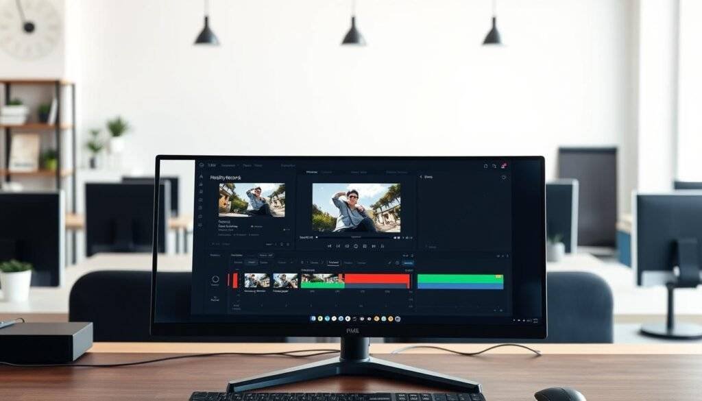 A sleek, modern desktop computer screen displaying a sophisticated screen recording software interface. The foreground features a clean user interface with intuitive controls, recording timers, and high-quality video preview. The middle ground showcases various editing tools and output options, while the background depicts a subtle, minimalist office setting with natural lighting and a sense of productivity. The entire scene is captured with a crisp, high-resolution lens, conveying a professional, "articles Stock" aesthetic.