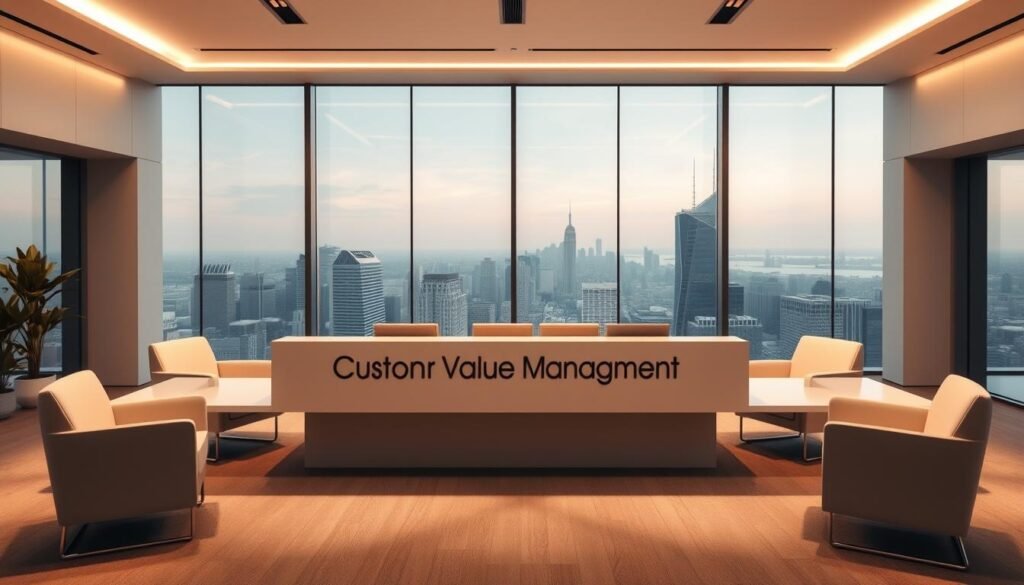 A sleek, modern office interior with a large, central desk showcasing the phrase "Customer Value Management" rendered in elegant, minimalist typography. The desk is surrounded by comfortable chairs, with a large window in the background offering a picturesque cityscape. Soft, directional lighting illuminates the scene, creating a warm, professional atmosphere. The overall impression is one of efficiency, innovation, and a strong focus on delivering exceptional value to the client. "articles Stock"
