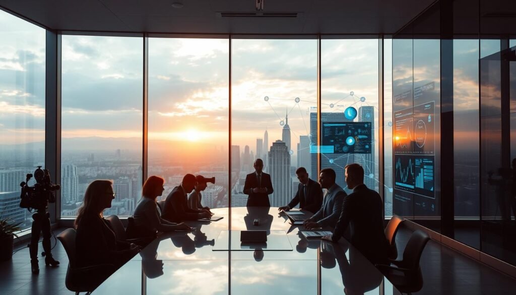 A sleek, modern office interior with an expansive glass wall overlooking a bustling cityscape. In the foreground, a team of professionals gathered around a large conference table, engaged in a lively discussion. Soft, indirect lighting casts a warm glow, creating a sense of productivity and collaboration. The middle ground features various technological elements, such as a holographic display, a robotic assistant, and a series of interconnected screens showcasing data visualizations. In the background, the cityscape beyond the glass wall is bathed in the glow of the setting sun, symbolizing the integration of technology and business. The overall atmosphere conveys the business value of effective technology governance. articles Stock