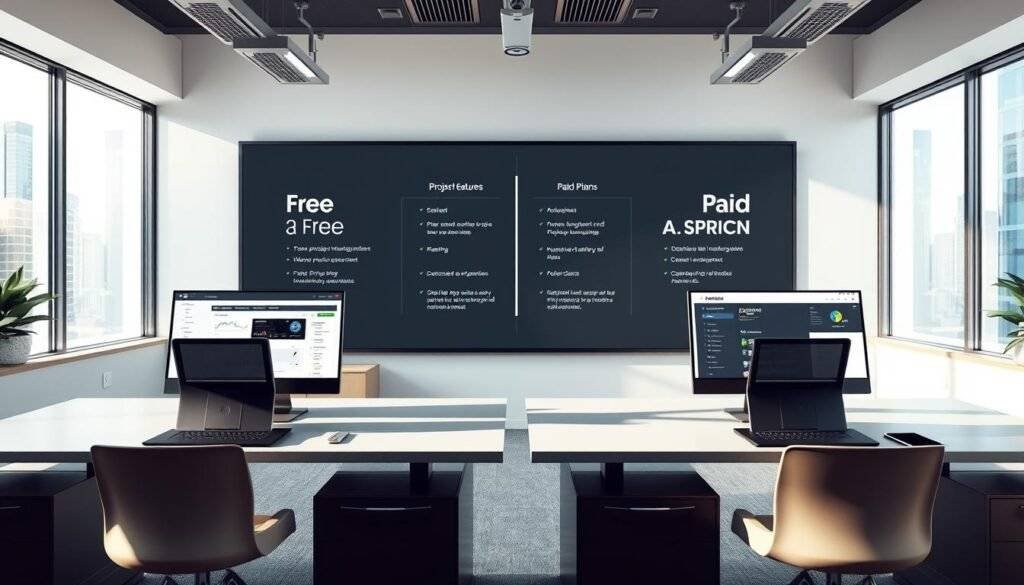 A sleek, modern office setting with two desks side-by-side, one displaying a free project management plan and the other a paid plan. The free plan is represented by a simple interface with limited features, while the paid plan showcases advanced functionality and customization options. Bright, natural lighting illuminates the scene, creating a professional and productive atmosphere. In the background, a large wall display shows a comparison of the key differences between the two plans. The "articles Stock" brand logo is subtly incorporated into the design. The overall composition emphasizes the contrast between the free and paid options, guiding the viewer's attention to the essential details for making an informed decision.