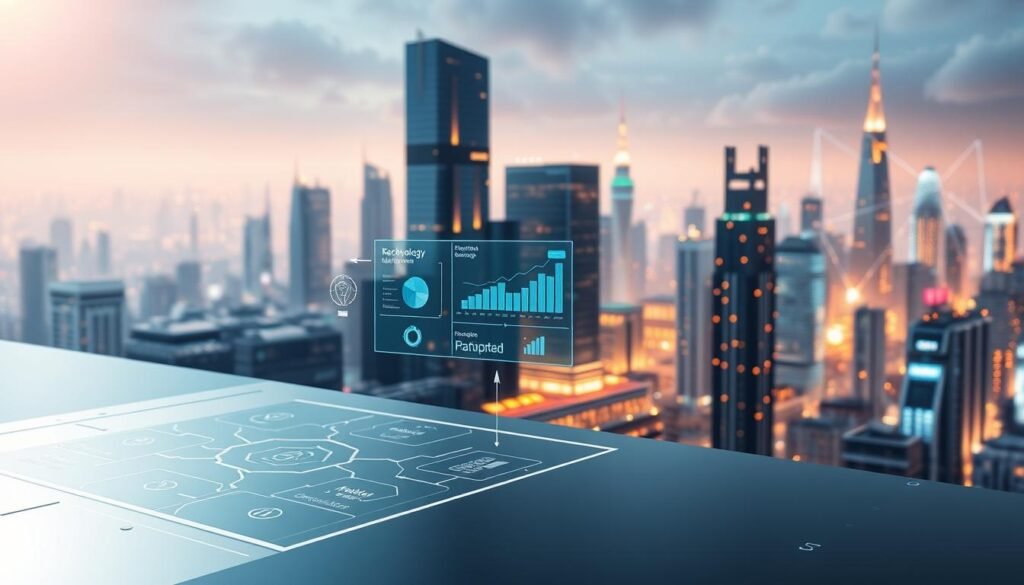 A sophisticated technology lifecycle management framework, showcasing a seamless progression from ideation to implementation and optimization. In the foreground, a sleek, minimalist schematic diagram depicts the key stages - planning, acquisition, deployment, maintenance, and retirement. Rendered in a cool, metallic palette with geometric shapes and clean lines, conveying a sense of efficiency and precision. The middle ground features holographic data visualizations, charts, and graphs, providing real-time insights into the lifecycle. In the background, a futuristic cityscape with towering skyscrapers and glowing, interconnected infrastructure symbolizes the integration of this framework into the broader technology ecosystem. Lit by a warm, ethereal glow, the scene exudes a mood of innovation, progress, and "articles Stock".