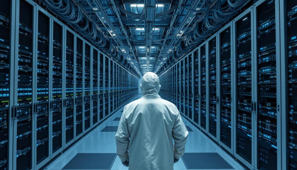 A vast, interconnected landscape of data centers, server racks, and fiber-optic cables stretches out before the viewer. Sleek, silver-gray structures house the powerful processors and memory banks that power the digital infrastructure. Brilliant blue lights pulse through the cables, carrying information at lightning speed. In the foreground, a lone technician in a clean-room suit oversees the intricate systems, their face obscured by a reflective visor. The scene is bathed in a cool, clinical light, conveying the precision and scale of modern AI infrastructure. articles Stock
