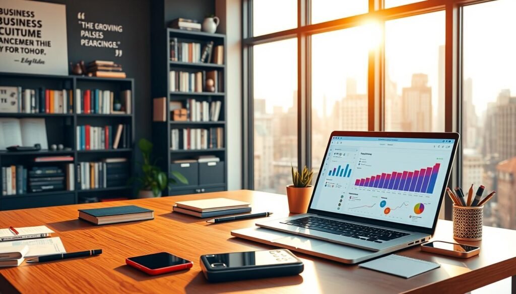 A vibrant SaaS tools workspace for modern startups. A sleek desk with a laptop, smartphone, and various office supplies in the foreground. Colorful graphs, charts, and productivity apps displayed on the laptop screen. In the middle ground, a bookshelf filled with business and technology books, along with inspirational quotes on the wall. In the background, a large window overlooking a bustling city skyline, bathed in warm, golden sunlight. The overall atmosphere is one of focus, innovation, and driven entrepreneurial spirit. articles Stock