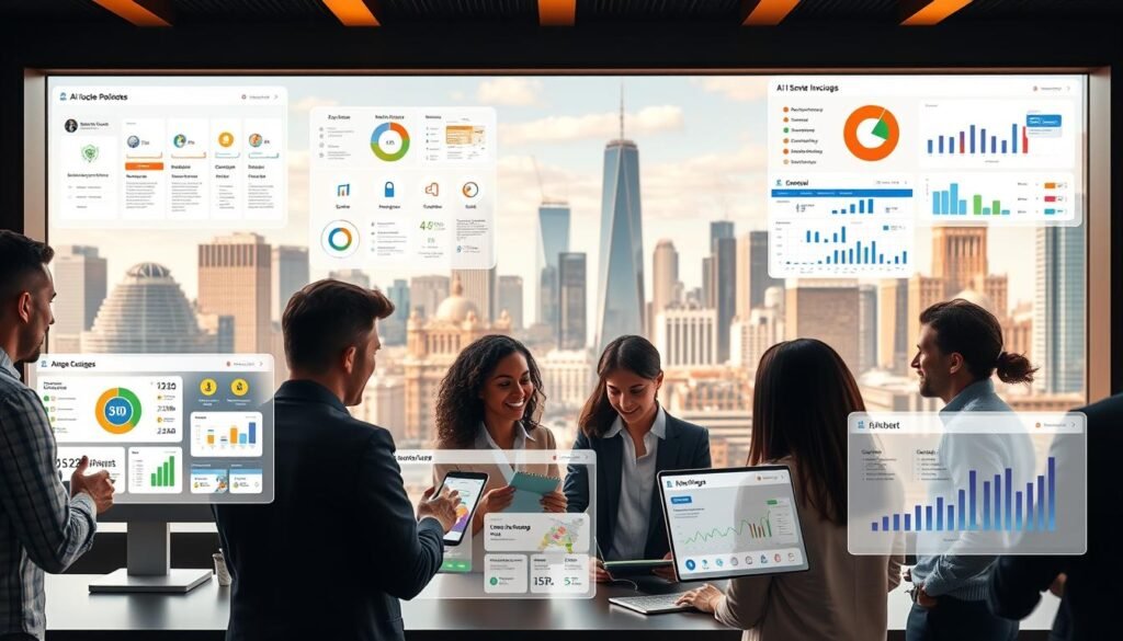 A vibrant and dynamic scene showcasing a variety of AI-powered tools for small businesses in 2025. In the foreground, several intuitive software interfaces and digital dashboards are displayed, highlighting features like automated invoicing, customer relationship management, and intelligent marketing analytics. In the middle ground, a group of diverse business owners are engaged with these tools, collaborating and brainstorming ideas. The background depicts a bustling cityscape, with skyscrapers and modern architecture, conveying a sense of progress and technological advancement. The scene is lit by a warm, natural light, creating a professional and aspirational atmosphere. Articles Stock