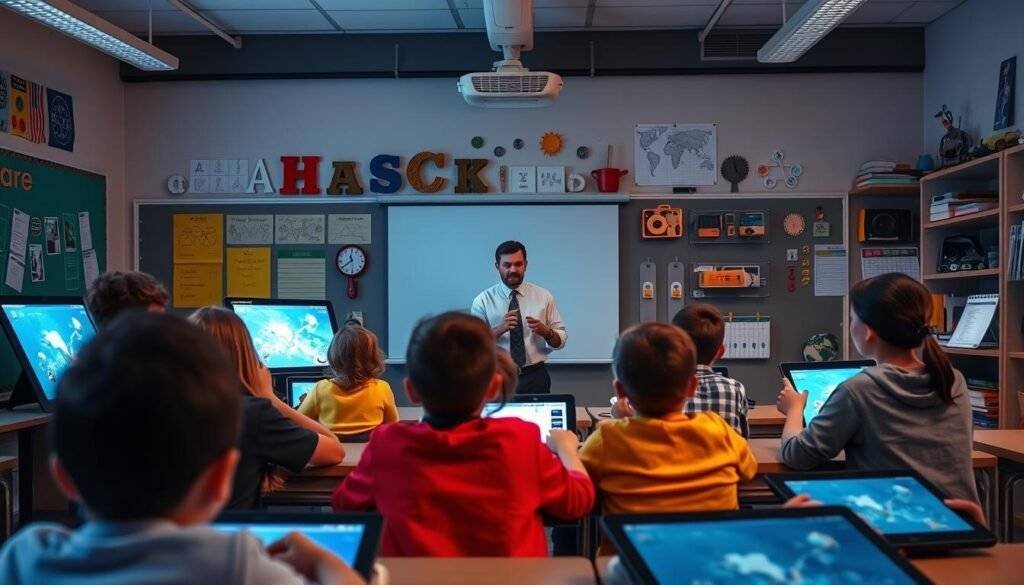 A vibrant and engaging classroom scene, showcasing the diverse applications of educational technology. In the foreground, students intently engage with interactive displays and tablets, their faces lit by the soft glow of the screens. The middle ground features a teacher guiding the class, demonstrating the use of a cutting-edge projector that casts a detailed, high-resolution image onto the wall. In the background, a variety of STEM-focused learning tools and devices are neatly arranged, reflecting the integration of technology throughout the educational space. The overall atmosphere is one of discovery, collaboration, and the seamless fusion of traditional teaching methods with innovative, articles Stock-powered digital solutions.