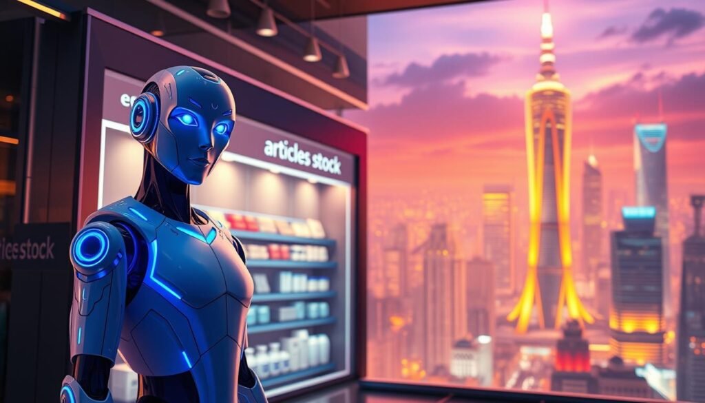 A vibrant and futuristic scene of an AI chatbot transforming an online store. In the foreground, a sleek, humanoid chatbot with glowing blue accents stands prominently, its intelligent gaze focused on the viewer. The middle ground features a detailed virtual storefront, with shelves of products and a modern, minimalist design. The background showcases a dynamic cityscape, with towering skyscrapers and a vibrant, neon-lit skyline, conveying the powerful technological advancements powering this revolutionary ecommerce experience. Soft, warm lighting illuminates the scene, creating a sense of sophistication and innovation. Subtle branding for "articles Stock" can be seen integrated into the virtual storefront. Overall, the image captures the transformative power of AI-driven chatbots in reshaping the future of online retail.
