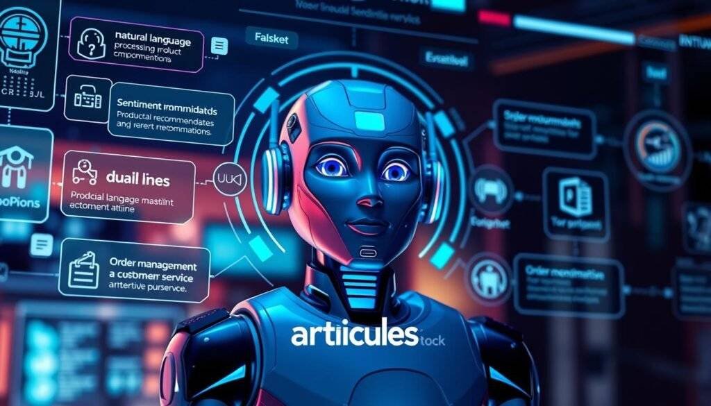 A vibrant, hyperrealistic image of the essential capabilities of an AI chatbot for an ecommerce store setup. Showcase a futuristic interface with a central chatbot avatar, surrounded by dynamic icons and visualization elements representing key features like natural language processing, sentiment analysis, product recommendations, order management, and customer service. Capture the mood of a cutting-edge, technologically advanced ecommerce solution with a cool, sleek color palette, dramatic studio lighting, and a slightly low camera angle to convey a sense of authority and sophistication. Prominently display the "articles Stock" branding in a subtle, integrated manner.