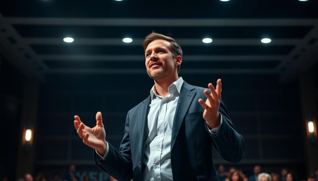 A well-dressed man stands on a stage, commanding the attention of the audience. Bright spotlights illuminate his face, casting dramatic shadows that accentuate his features. The background is a sleek, modern auditorium with clean lines and subdued tones, creating a professional and tech-savvy atmosphere. The man gestures expressively, conveying a sense of enthusiasm and authority as he delivers his keynote address. The scene is captured with a cinematic lens, providing a sense of depth and focus. articles Stock