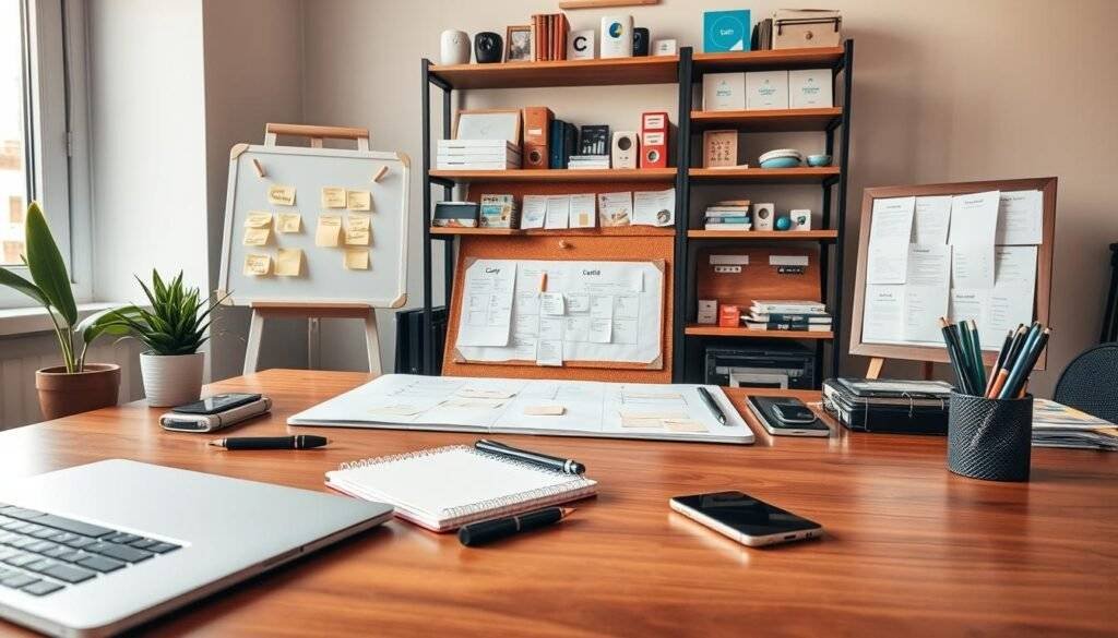 A well-organized workspace with a variety of project management tools neatly arranged on a wooden desk. In the foreground, a laptop, a spiral-bound notebook, and a pen rest alongside a sleek smartphone. In the middle ground, a physical whiteboard with sticky notes and a corkboard with task cards create a tactile planning experience. In the background, shelves hold various productivity apps, collaboration software, and cloud storage options, all bathed in warm, natural lighting from a large window. The scene conveys a sense of productive efficiency and attention to detail, ideal for a freelance professional. "articles Stock"