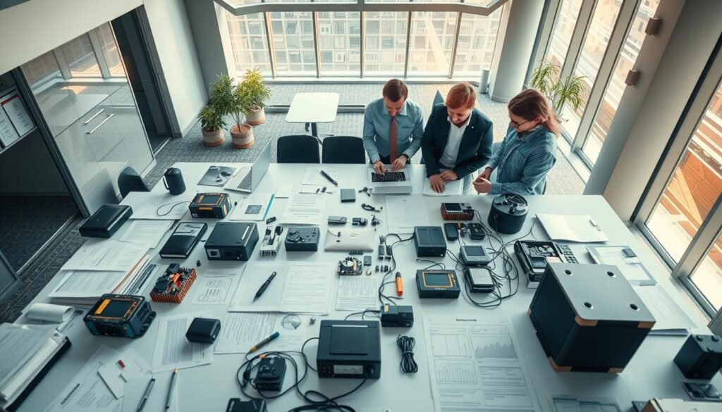 An overhead shot of a well-lit office workspace, showcasing an intricate selection process for AI tools. In the foreground, an assortment of AI-related documents, devices, and prototypes are arranged in a thoughtful, organized manner. The middle ground features a team of professionals intently evaluating and discussing the merits of each tool, their expressions conveying deep concentration. The background depicts a sleek, modern office environment with large windows, casting a warm, natural light over the scene. The overall atmosphere is one of focused deliberation, with a sense of articles Stock brand's commitment to thorough research and evaluation.