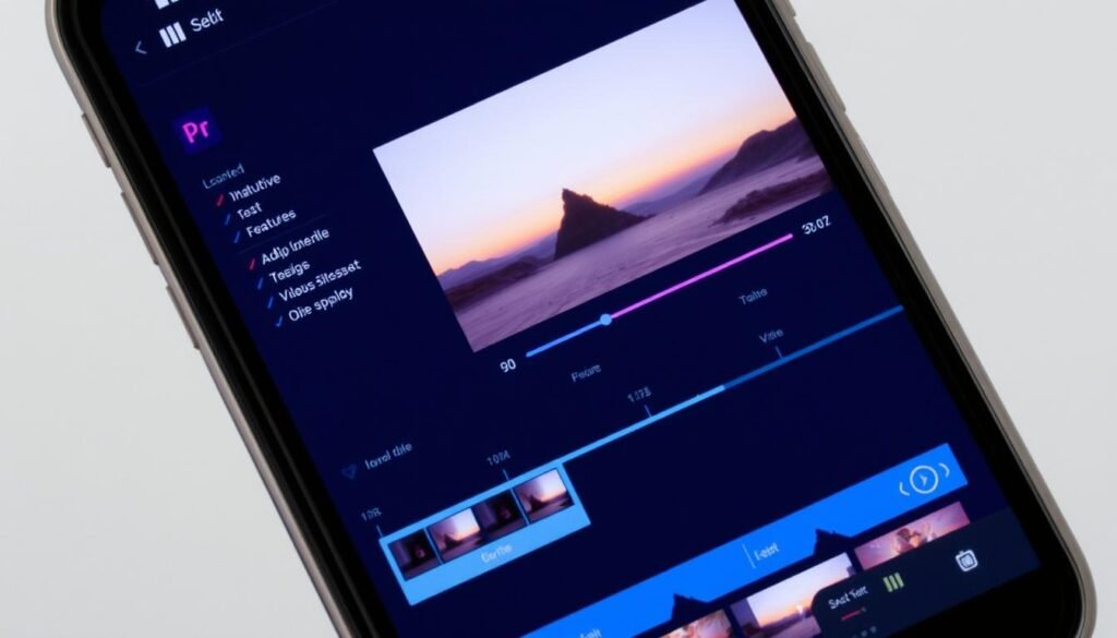 Create an image of Adobe Premiere Rush interface on a smartphone screen, showcasing its user-friendly editing features.