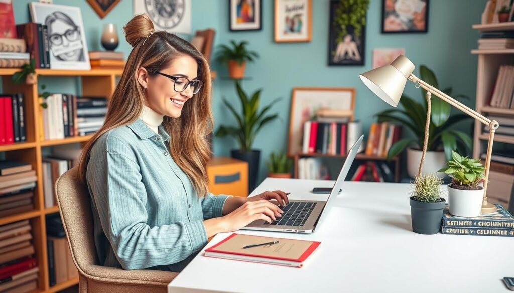 Create an image of a blogger using ChatGPT on their laptop to generate content ideas.