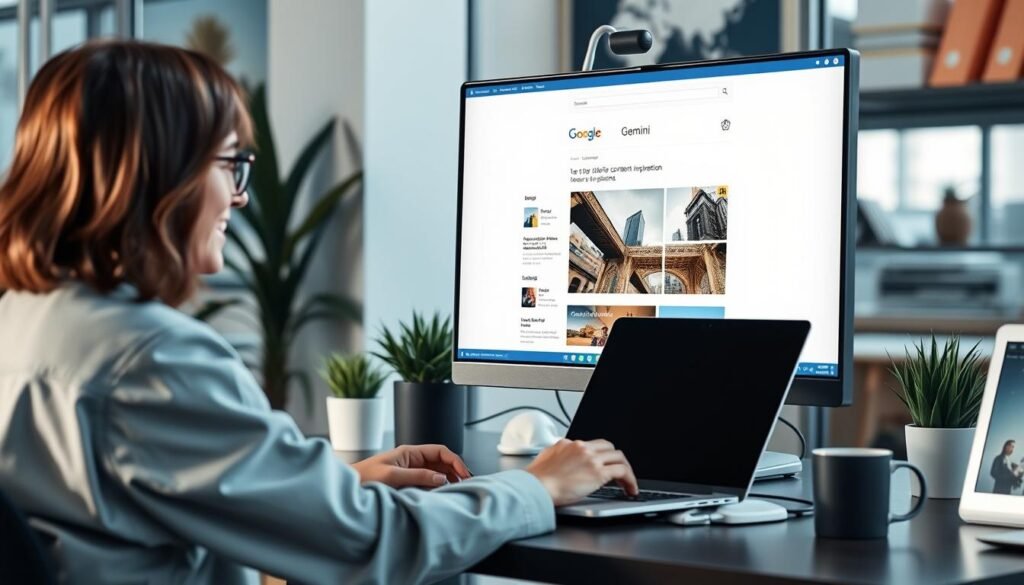 Create an image of a blogger using Google Gemini to analyze an image for content inspiration.