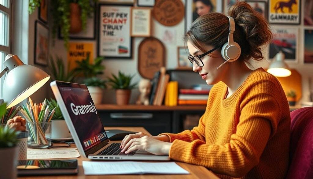 Create an image of a blogger using Grammarly on their laptop to improve their writing