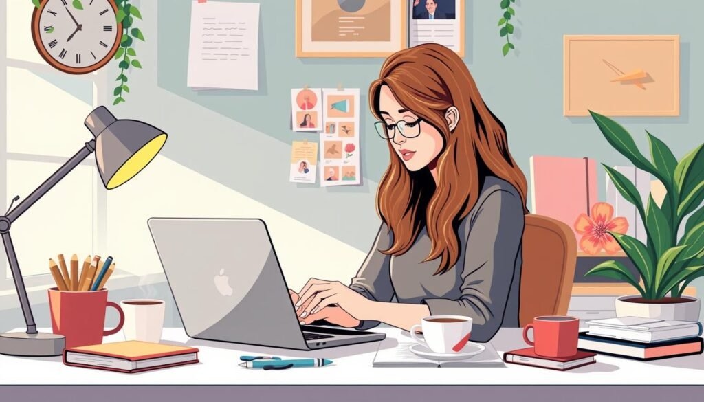 Create an image of a blogger using Lately on their laptop to generate social media posts.