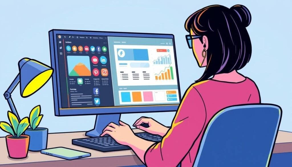 Create an image of a blogger using Vista Social on their desktop to manage social media content.