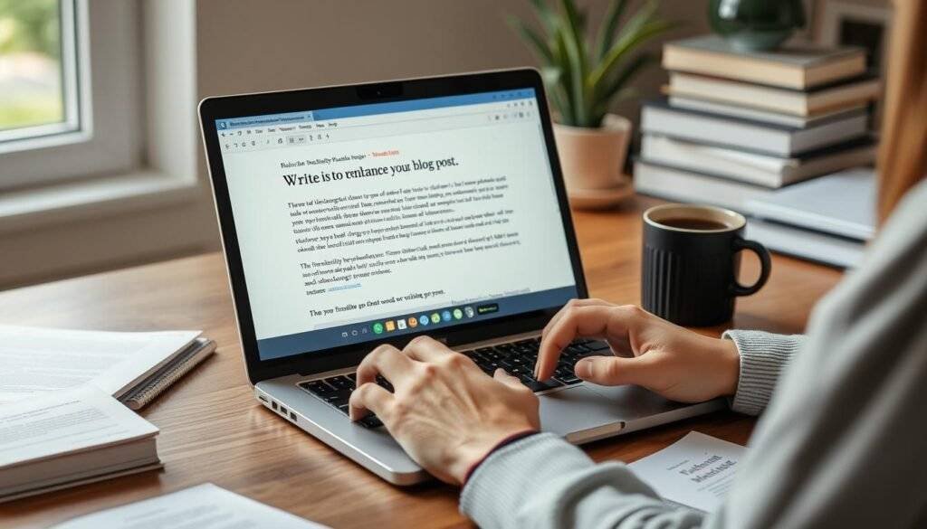 Create an image of a blogger using Wordtune to rewrite and improve their blog post