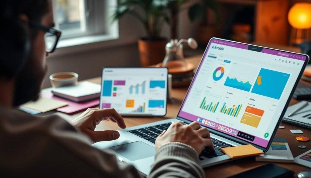 Create an image of a freelancer working on a laptop with Airtable's interface on the screen, surrounded by notes and project management charts.