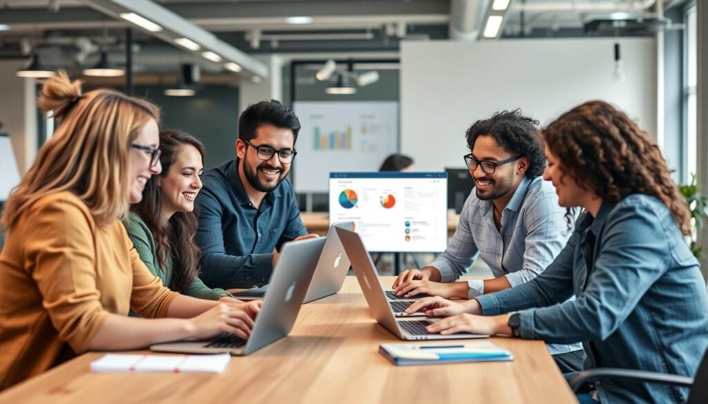 Create an image of a startup team using Monday.com on their laptops for project management