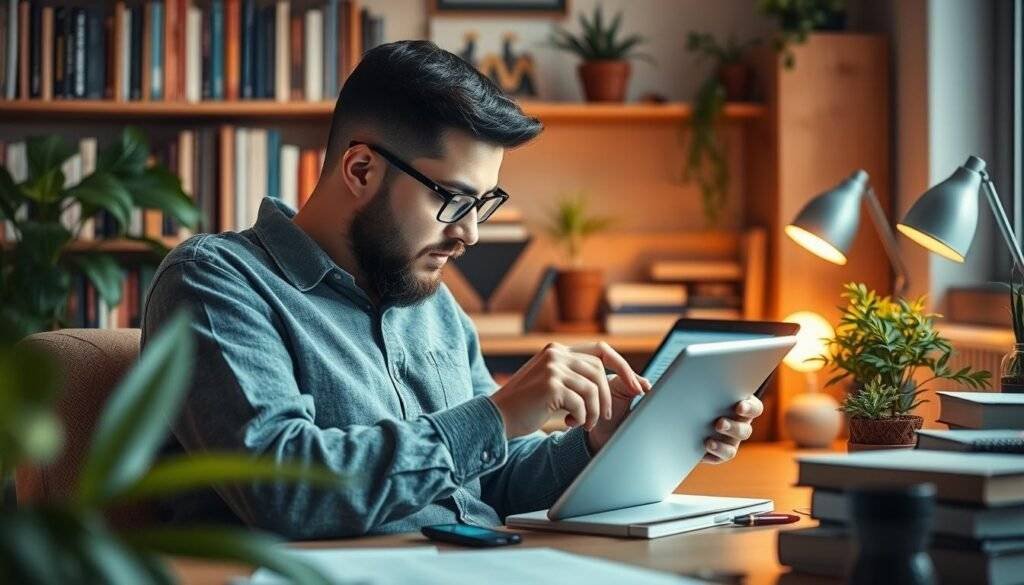 Create an image of a writer using Claude AI to draft a blog post on their tablet.