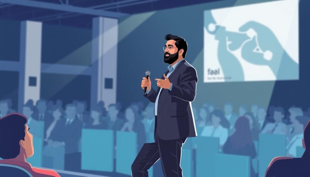 Generate an image of Anant Agarwal speaking at a conference.