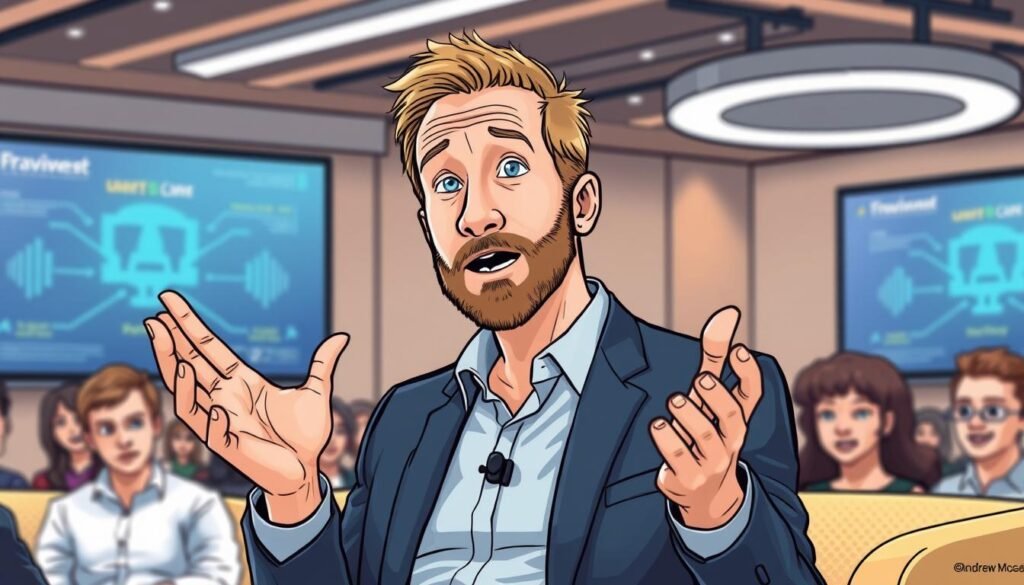 Generate an image of Andrew McAfee discussing the digital economy.