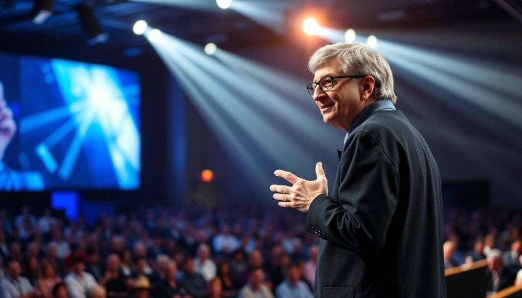 Generate an image of Bill Gates on stage