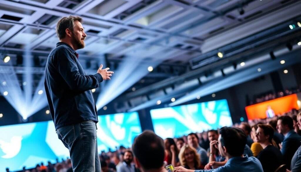 Generate an image of Jack Dorsey speaking at a conference.