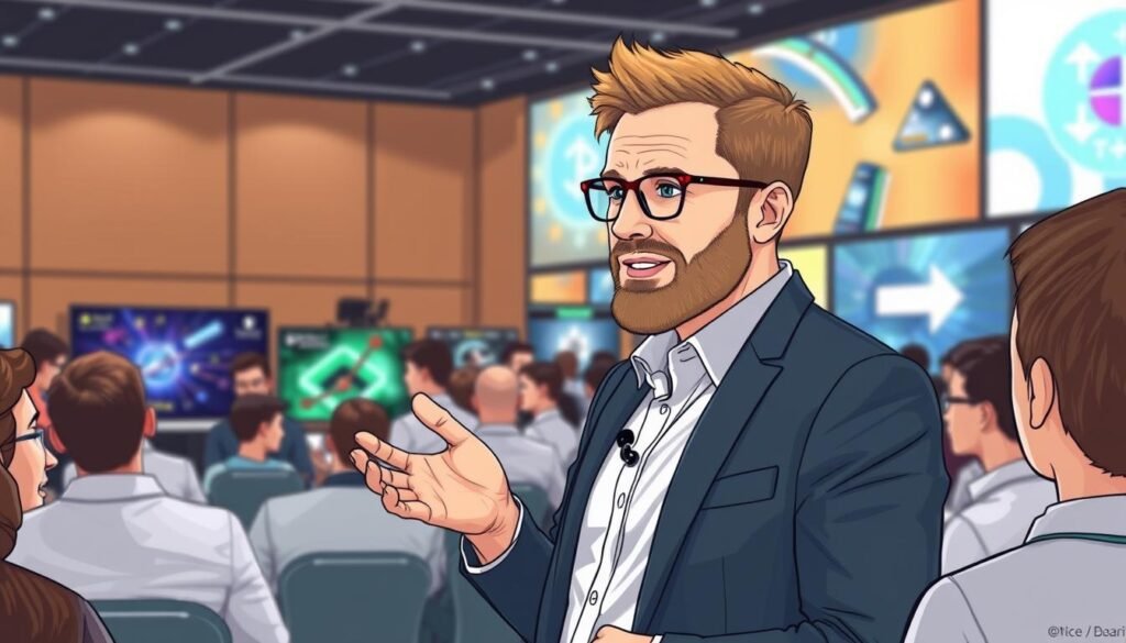 Generate an image of James Whittaker presenting at a tech conference