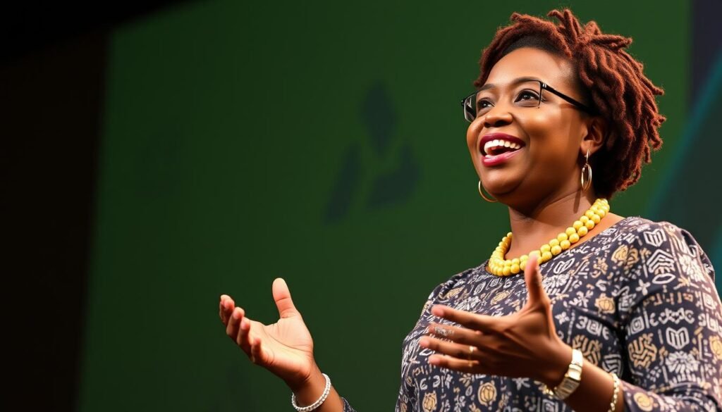 Generate an image of Joy Buolamwini speaking