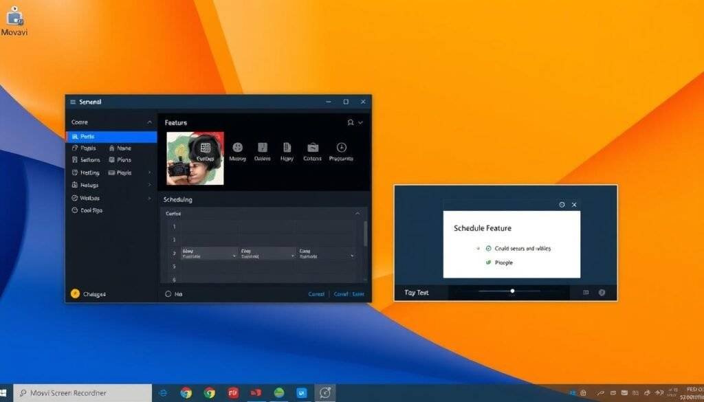 Generate an image of Movavi Screen Recorder's interface on a Windows 11 system, highlighting the scheduling feature.