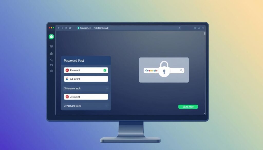 Generate an image of NordPass's user interface on a desktop screen, highlighting its password vault and security features.