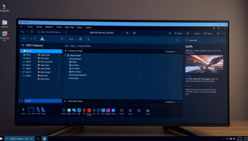 Generate an image of OBS Studio's interface on a Windows 11 screen, highlighting its user interface and features.